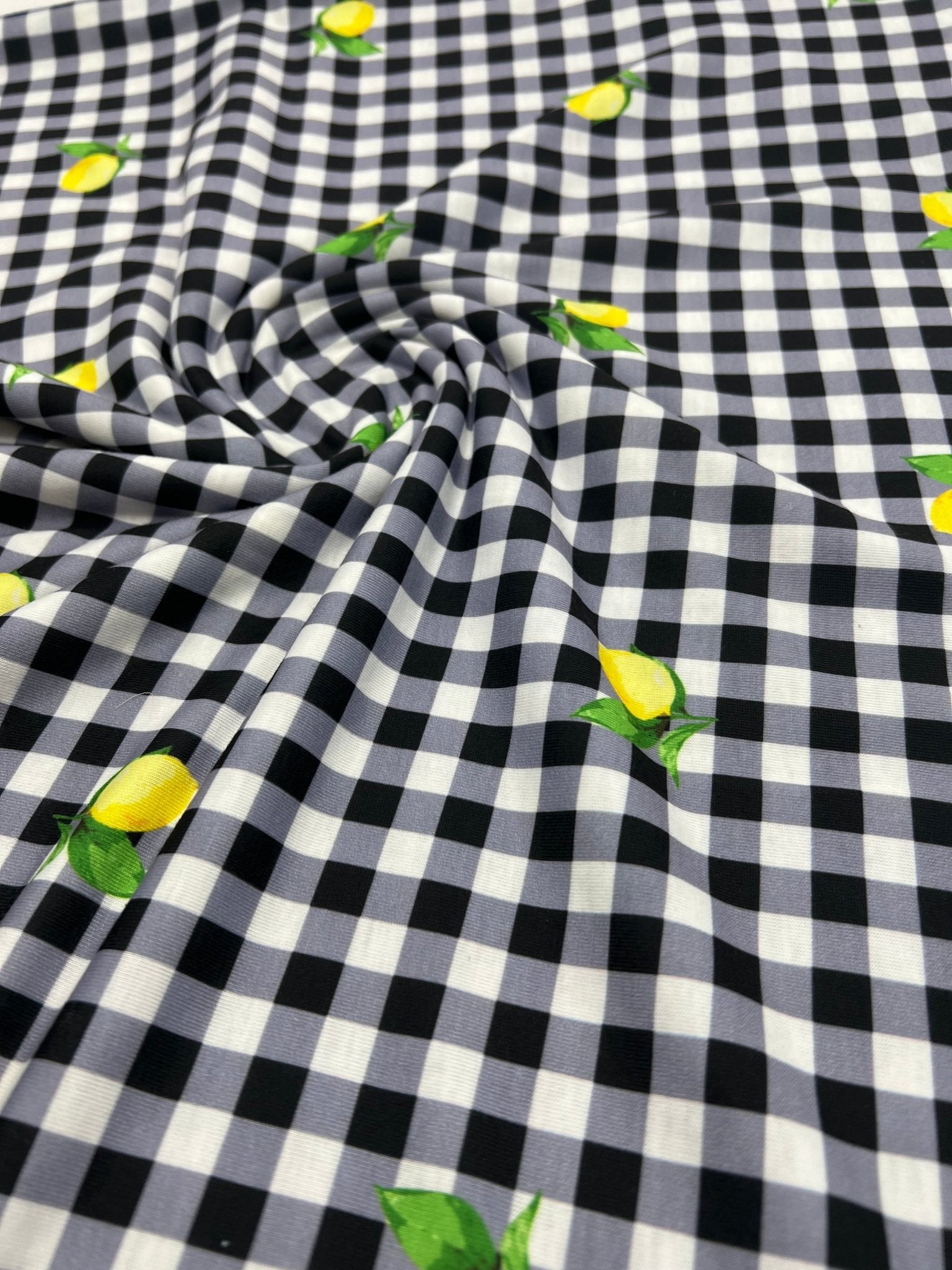 Black Gingham Lemon Print Soft Spun Poly Stretch Fabric - T9 Fabrics
